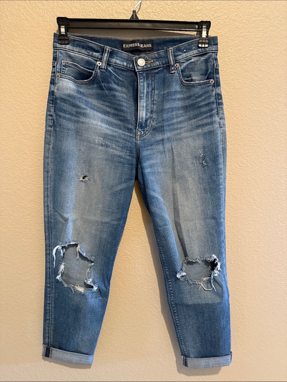 Express Women's Boyfriend Distressed Rolled Hem Jeans - Blue